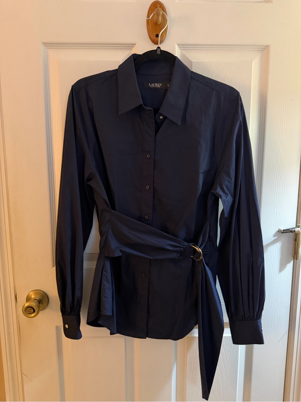 Lauren Ralph Lauren Navy Ring Belt Button Front Blouse - Picture 2 of 4
